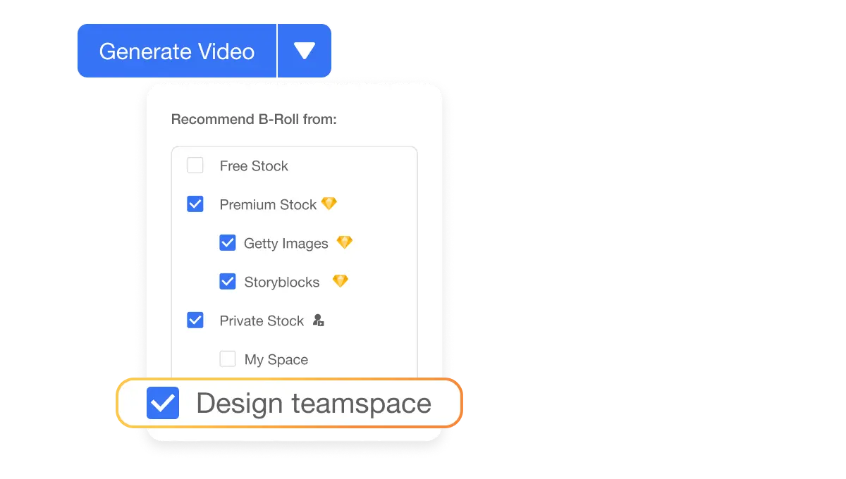 Private Stock integration with Teamspaces in Visla, where AI pulls from the Private Stock library from your current Teamspaces to generate videos.